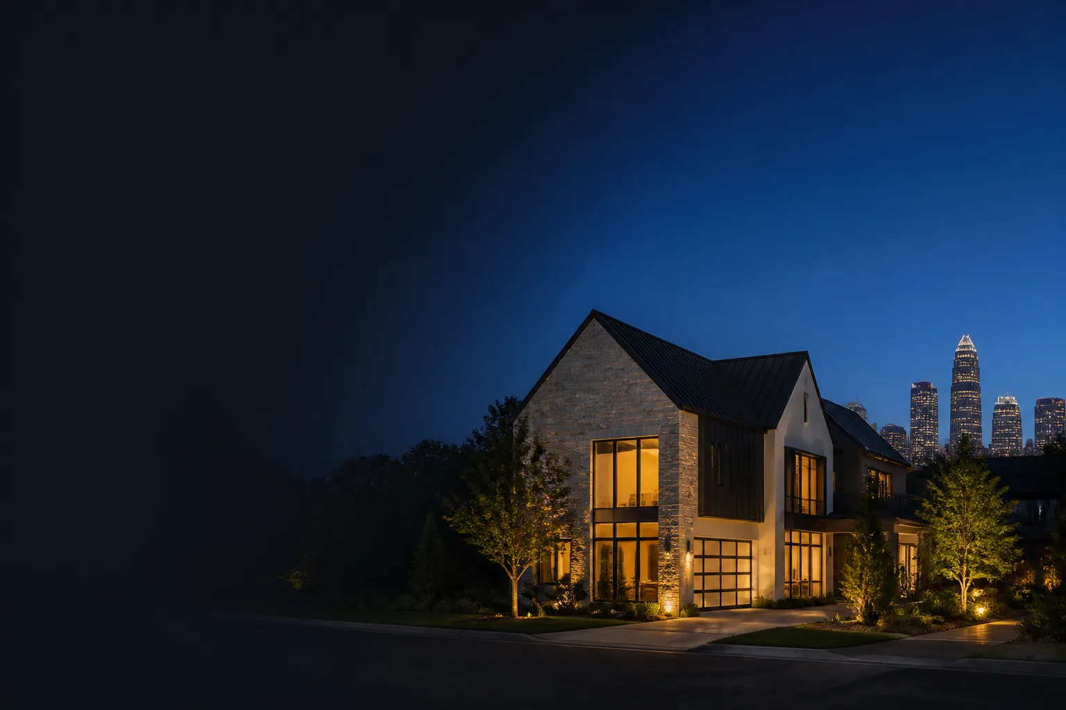 Charlotte skyline behind a modern home