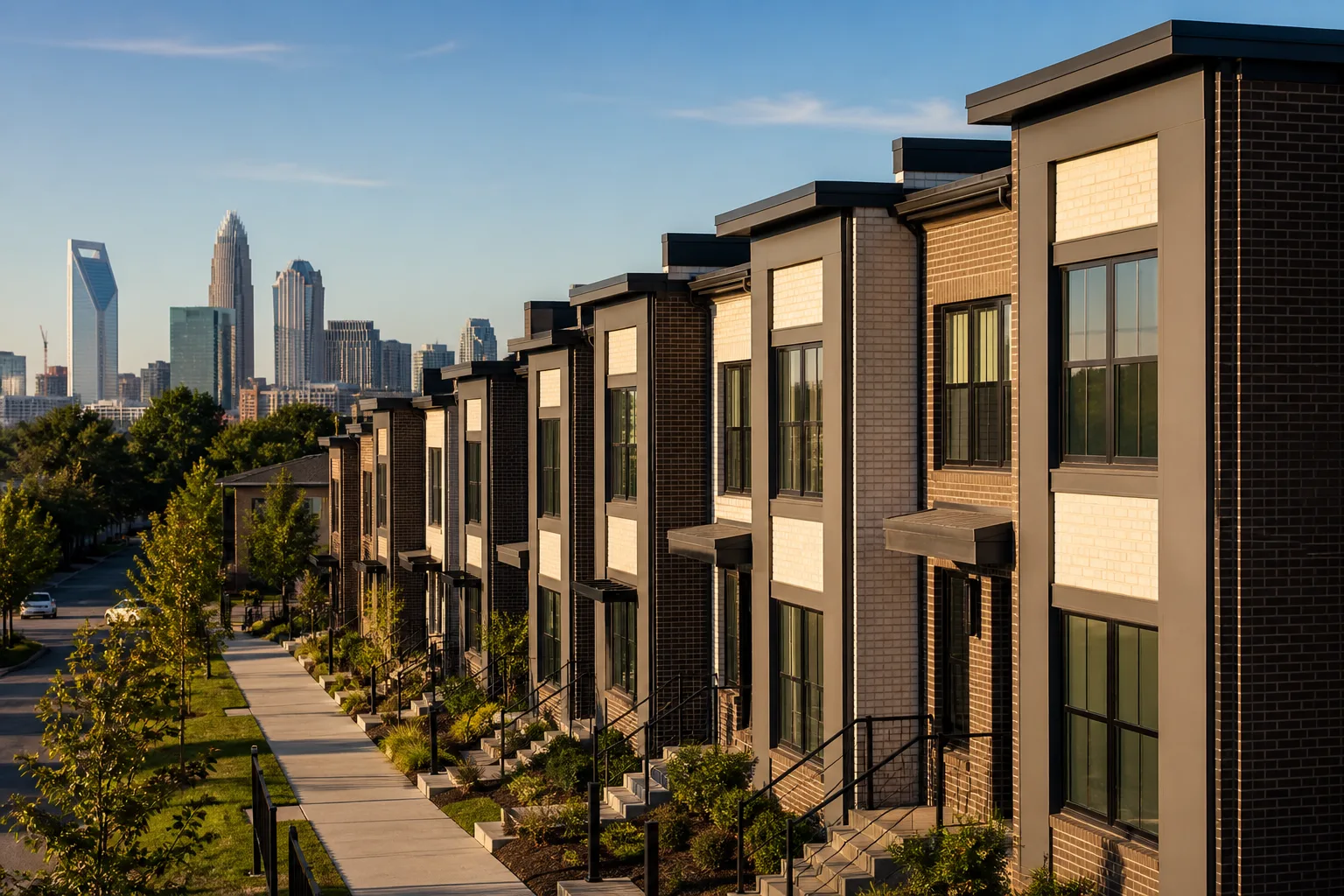 Charlotte townhomes with skyline in the distance